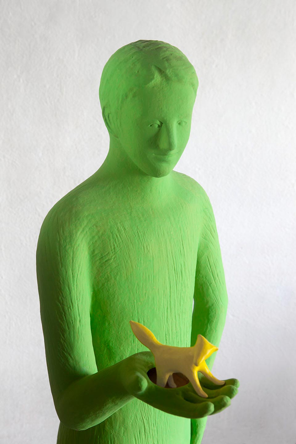 One day he becomes Adamo 2016, Sculpture by Kazumasa Mizokami, 2016 One day he becomes Adamo. a green boy, an animal similar to an orange squirrel emerges from his right hand