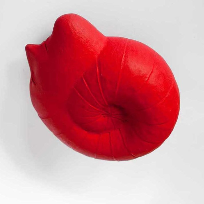 Sleeping shell 2000, Sculpture by Kazumasa Mizokami, A female face is carved out of red ammonite