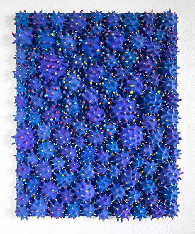  The light of the night 2010, Sculpture by Kazumasa Mizokami, Many round shaped plant-like blue objects with spikes painted in various colors on a rectangular base panel  