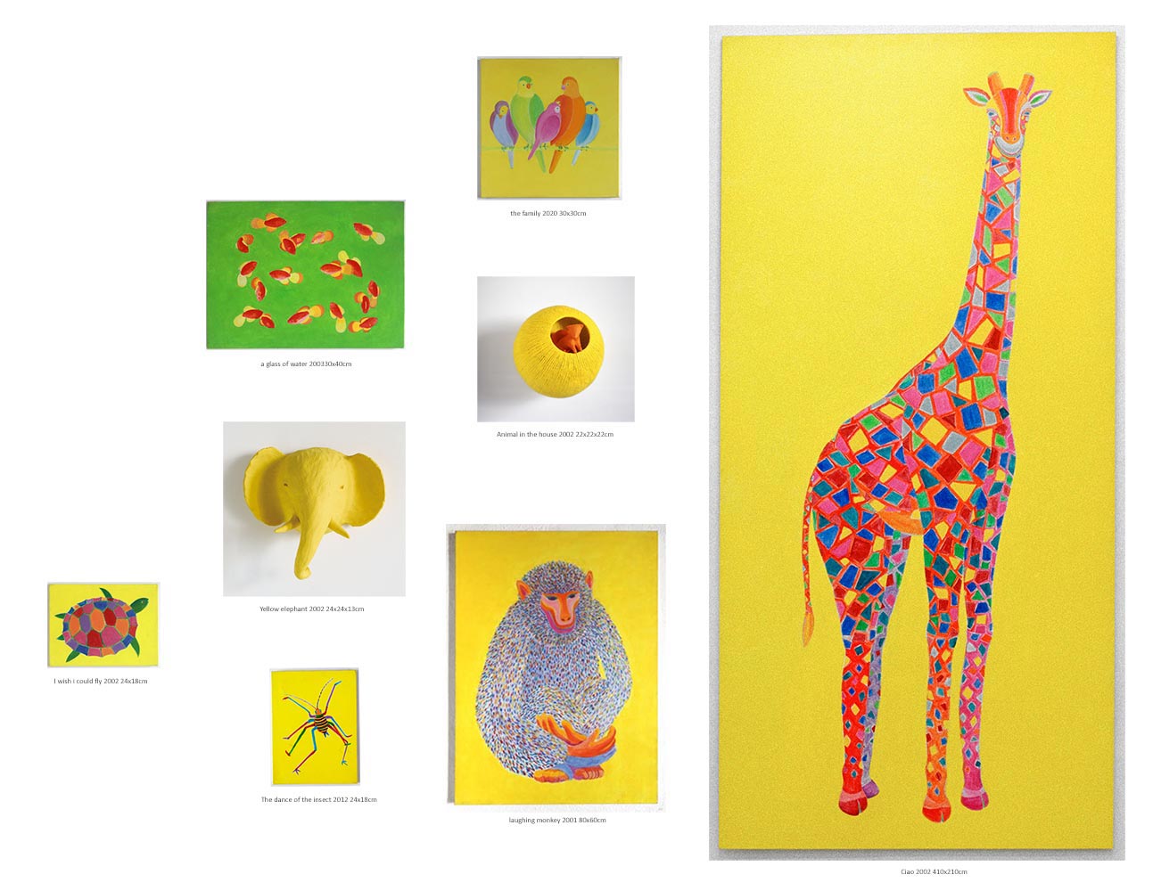 Works by Kazumasa Mizokami, A photo consisting of 6 animal paintings and 2 sculptures, from the right Giraffe Parakeet Goldfish Squirrel Monkey Elephant tortoise. Yellow decorated colors are the main focus