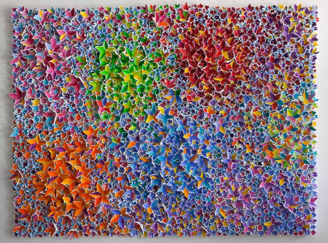 Where the rainbow is born 2007 Sculpture by kazumasa mizokami, A work that feels the movement of time by using rainbow colors on the shape of hundreds of flowers of five petals of various sizes