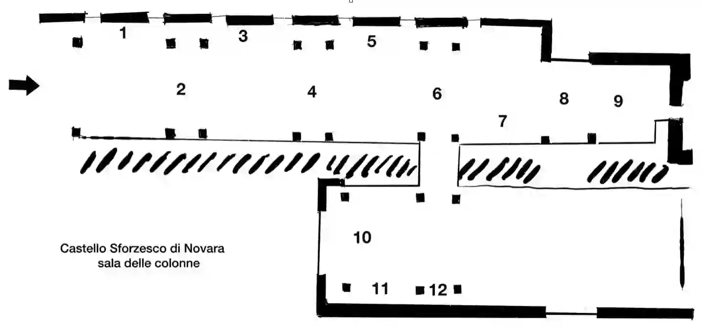 A view by Mizokami at the venue of la sale di colonna in Castle of Novara shows the location of the works displayed in the exhibition with numbers 1 to 12.